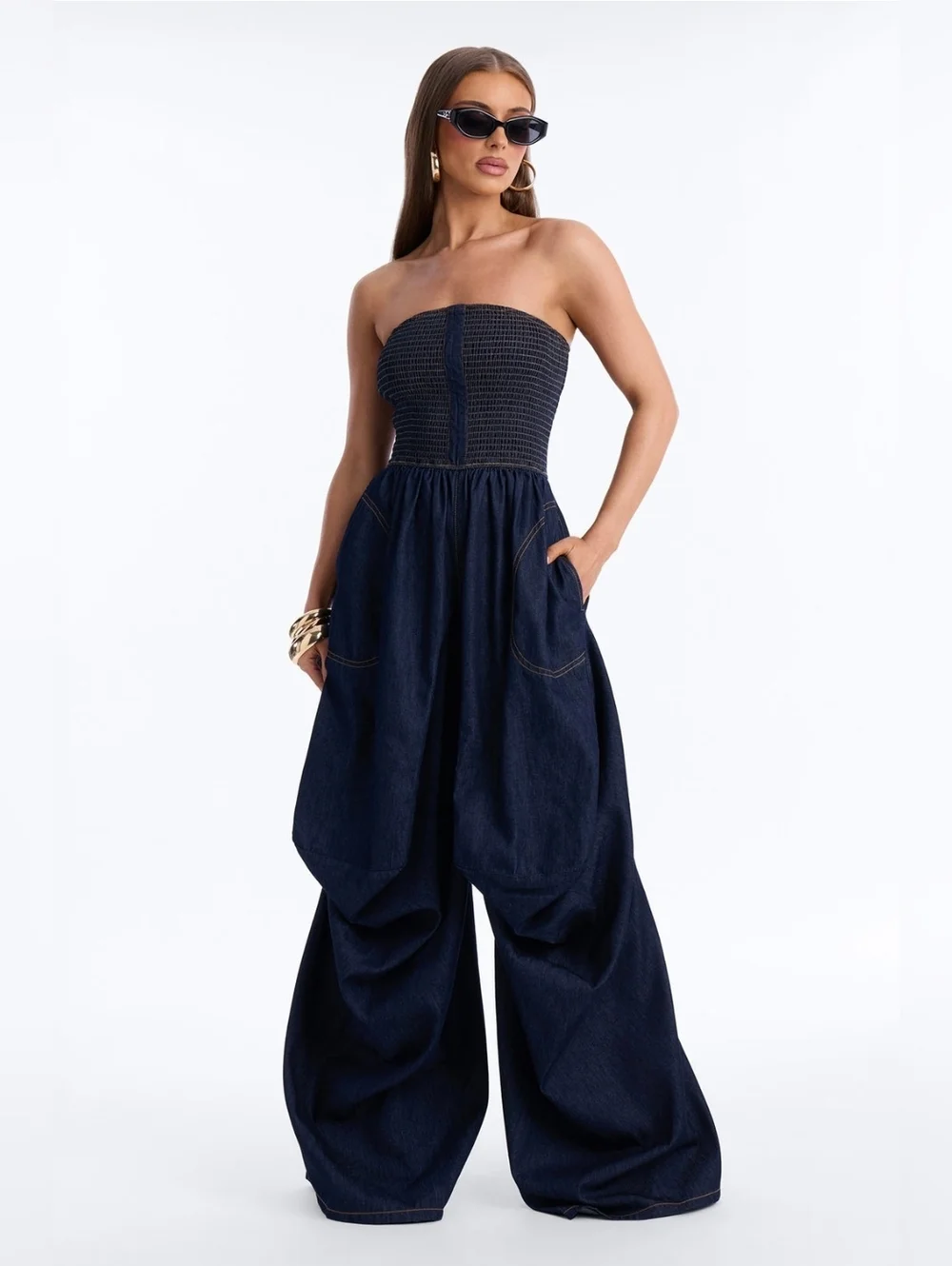 NEW Strapless Tubed Top Denim Jumpsuit ▪︎ Dark Blue ▪︎ Sz XL - Picture 2 of 14